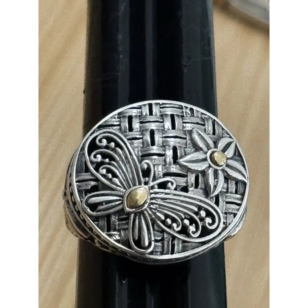 Robert Manse M ID 925 Sterling and 18K Gold Dragonfly Flower Sz 8.5 Bali 7g